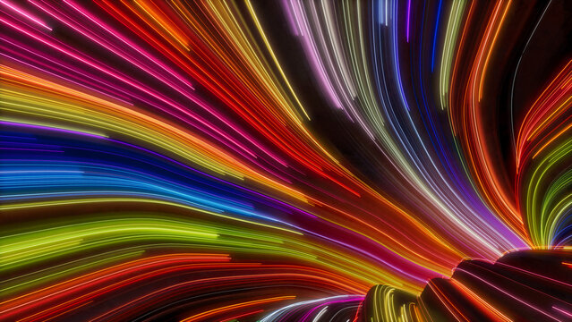 Wavy Lines Tunnel with Orange, Pink and Green Curves. 3D Render.
