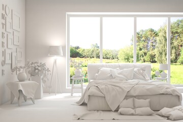 White bedroom interior. Scandinavian design. 3D illustration