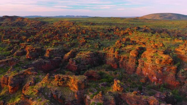 Pull out Aerial video footage of Hidden Valley, Mirima National Park, Kununurra, Western Australia