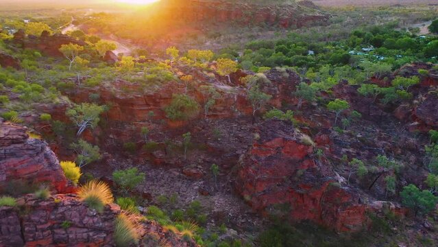 Beautiful sunset and Aerial video footage of Hidden Valley, Mirima National Park, Kununurra, Western Australia, rise up 