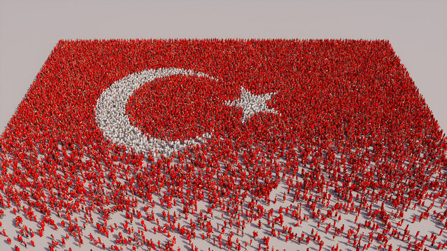 Turkish Flag formed from a Crowd of People. Banner of Turkey on White.