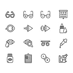 Line icon for medical optic, ophthalmologist, optometrist, optician and oculist. Clean, clear, modern and minimalist. Include eyeglasses, contact lens, retina, laser, eye exam and other icon.