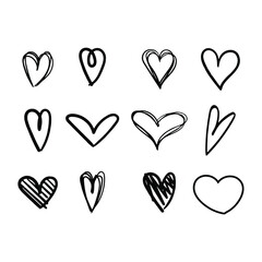 Set of nine hand drawn heart. Handdrawn rough marker hearts isolated on white background. Vector illustration for your graphic design