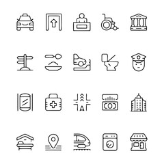 Simple Set of Public Navigation Related Vector Line Icons. Contains such Icons as Cloakroom, Elevator, Exit, Taxi, ATM and more. Editable Stroke. 48x48 Pixel Perfect