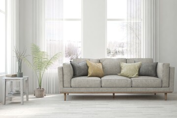 White living room with sofa. Scandinavian interior design. 3D illustration