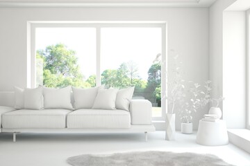 Mock up of stylish room in white color with sofa and green landscape in window. Scandinavian interior design. 3D illustration