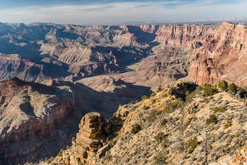 Endless canyon landscape in the Grand Canyon National Park, South Rim, Arizona.  Layered bands of red rock revealing millions of years of geological history