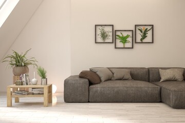 White living room with sofa. Scandinavian interior design. 3D illustration