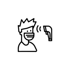 Check body temperature sign line icon. No contact thermometer and a head. Black outline on white background. Infrared laser digital thermometer. Thermo gun scanner. Vector illustration, flat, clip art