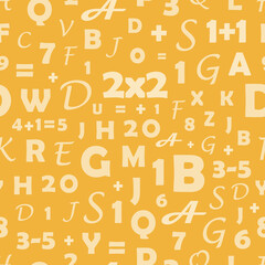 Seamless pattern with letters. School seamless pattern with the image of numbers and letters. Pattern with letters and numbers on an orange background, for print. Vector illustration