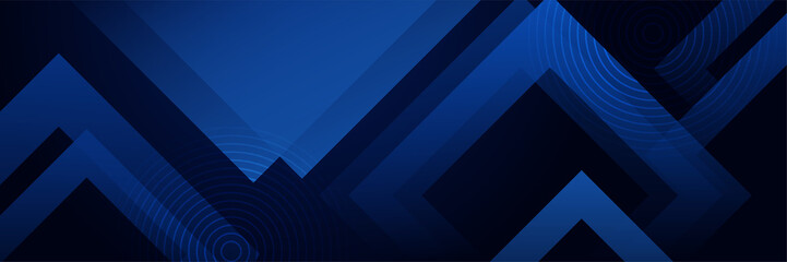 Fototapeta premium Blue abstract vector long banner. Minimal background with arrows circles geometric shapes and copy space for text. Facebook cover, web banner