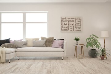 White living room with sofa. Scandinavian interior design. 3D illustration
