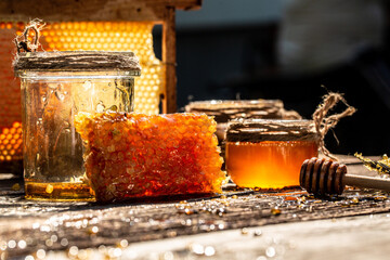 Macro photo of a bee hive on a honeycomb. Bees produce fresh, healthy, honey. Honey background....