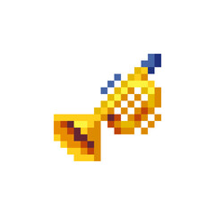 Trumpet musical instrument pixel art web icon. Design for logo game, sticker, web, mobile app, badges and patches. Isolated vector illustration.