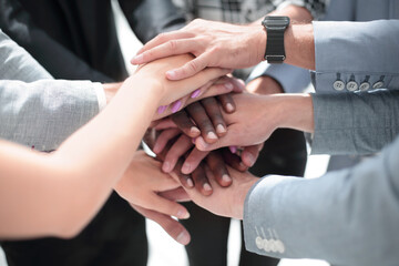 group of people in the office folded their hands together