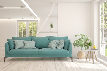 Minimalist living room in white color with sofa and summer landscape in window. Scandinavian interior design. 3D illustration