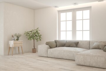 White living room with sofa. Scandinavian interior design. 3D illustration