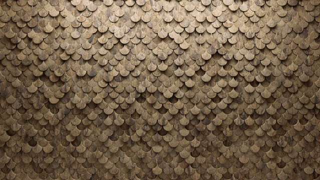Polished, Fish Scale Mosaic Tiles arranged in the shape of a wall. Semigloss, Natural Stone, Bricks stacked to create a 3D block background. 3D Render