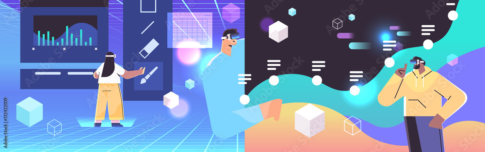 Poster designers in digital glasses drawing in graphic editor creating website user interface vr vision hea