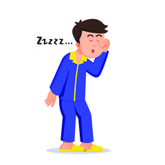 a boy wearing pajamas feels very sleepy while rubbing his eyes