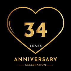34 years anniversary logotype with gold heart isolated on black background. Creative design for happy birthday, wedding, ceremony, event party, marriage, invitation event, and greeting card.