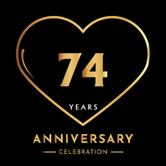 74 years anniversary logotype with gold heart isolated on black background. Creative design for happy birthday, wedding, ceremony, event party, marriage, invitation event, and greeting card.