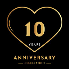 10 years anniversary logotype with gold heart isolated on black background. Creative design for happy birthday, wedding, ceremony, event party, marriage, invitation event, and greeting card.