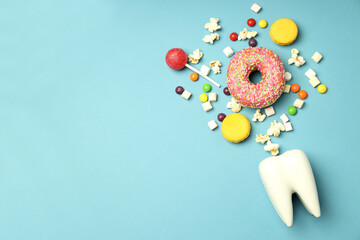 Concept of food bad for teeth, dental care, space for text