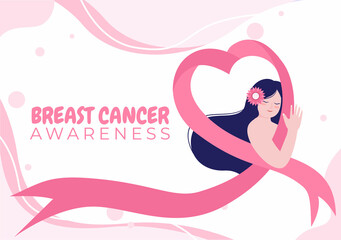 Breast Cancer Awareness Month Background Cartoon Illustration with Ribbon Pink and Woman for Disease Prevention Campaign or Healthcare