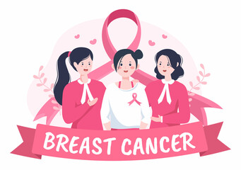 Breast Cancer Awareness Month Background Cartoon Illustration with Ribbon Pink and Woman for Disease Prevention Campaign or Healthcare