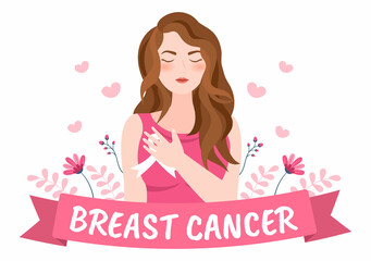 Breast Cancer Awareness Month Background Cartoon Illustration with Ribbon Pink and Woman for Disease Prevention Campaign or Healthcare