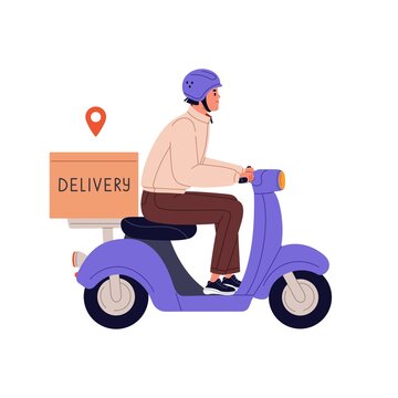 Delivery man on bike with food box. Courier driving motor transport, moped. Deliveryman riding motorcycle, scooter. Takeaway pizza deliverer. Flat vector illustration isolated on white background