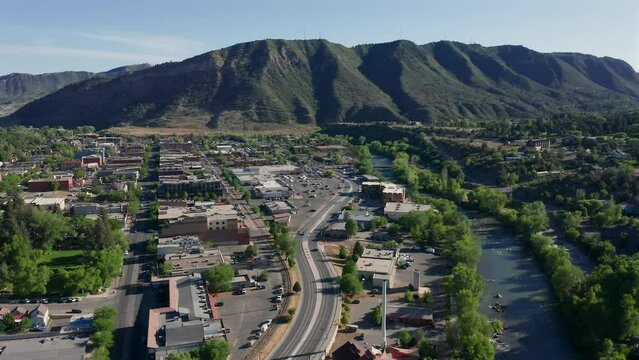 Aerial view of downtown Durango Colorado alongside the Animas river