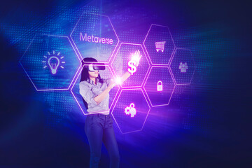 Businesswoman wearing goggles in metaverse