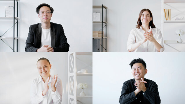 Virtual business meeting. Online briefing. Corporate webcast. Screenshot of impressed proud team applauding to colleague at digital office.