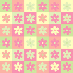 Cute y2k patchwork floral seamless pattern background. Pastel colored checkerboard backdrop. Modern, trendy, bright vector design for textile, print, wallpaper