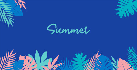 Fototapeta na wymiar Hello Summer concept design, summer panorama, abstract illustration with tropical exotic leaves. background of landscape, panorama of sea and beach with copy space