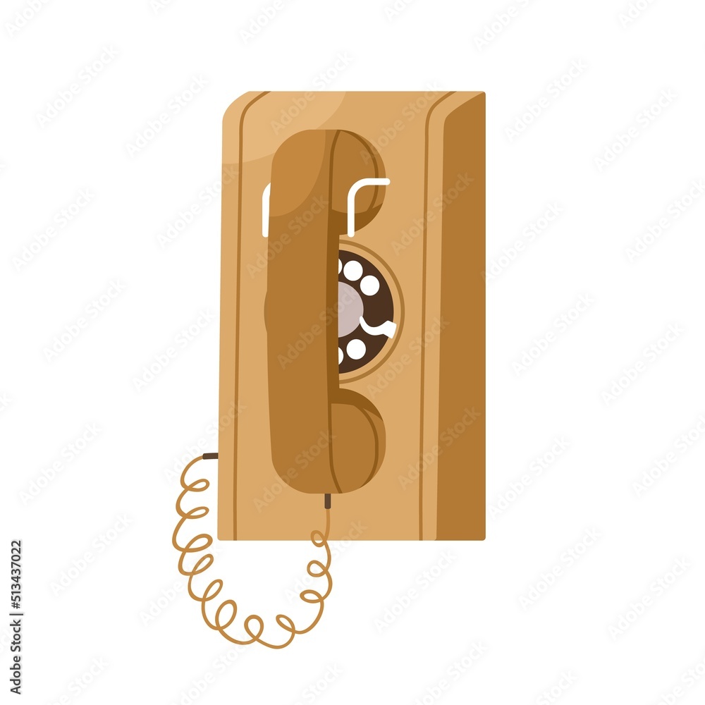 Poster retro wall-mounted telephone with rotary dial disk and hanging headset. old phone model of 1956 type