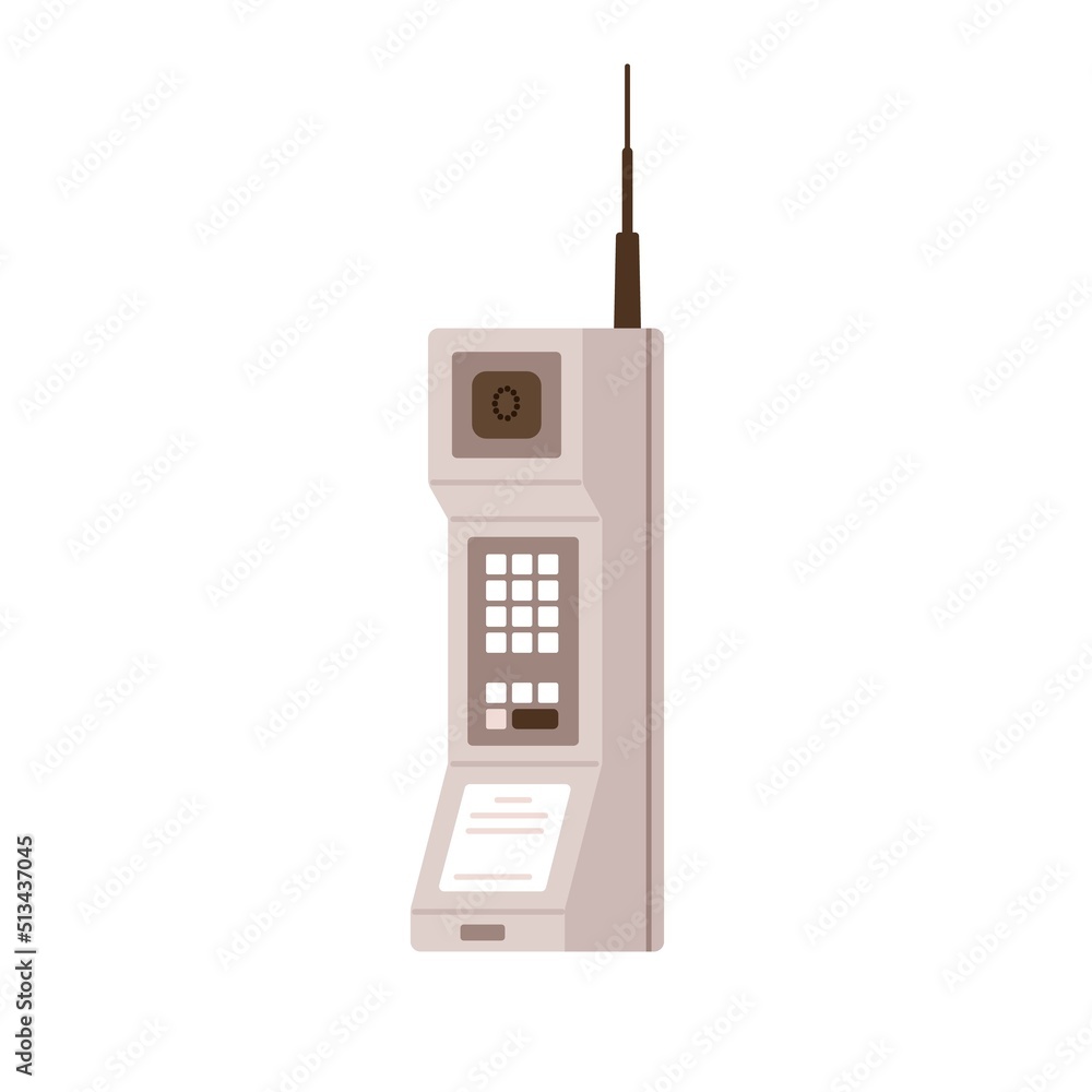 Aufkleber old cell phone with antenna. first portable mobile telephone of 1973. retro wireless big cellphone o