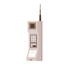 Old cell phone with antenna. First portable mobile telephone of 1973. Retro wireless big cellphone of 70s, 80s, handheld model. Flat graphic vector illustration isolated on white background