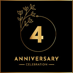 4 years anniversary celebration with golden floral frame isolated on white background. Creative design for happy birthday, wedding, ceremony, event party, marriage, and greeting card.