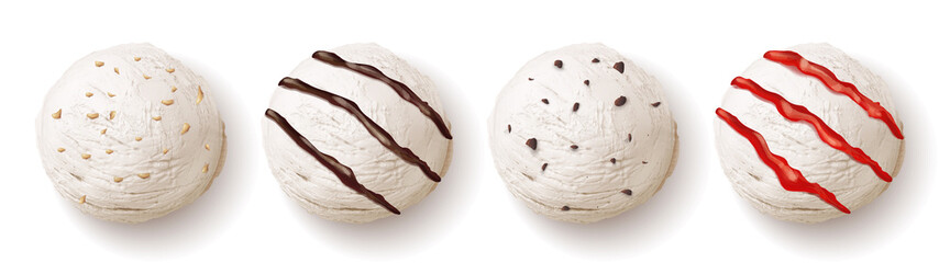 Ice cream ball with chocolat and strowberry sauces or syrup, cookie chips realistic vector illustration. Vanilla sphere scoop sundae or sorbet 3D isolated icons on white background, cold summer milk