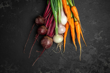 Bunch of fresh organic beetroots and carrots with green leaves. onion garlic heads, The concept of agriculture and gardening, growing and caring for vegetables. top view