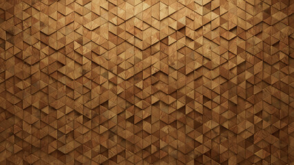 Triangular, Soft sheen Mosaic Tiles arranged in the shape of a wall. Wood, Timber, Blocks stacked to create a 3D block background. 3D Render