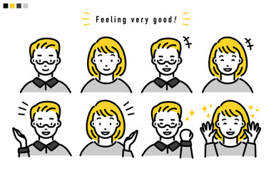 ポジティブな表情の男性と女性の上半身 イラスト_黄とモノトーン