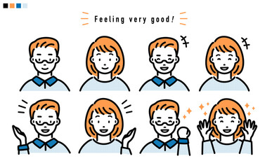 ポジティブな表情の男性と女性の上半身 イラスト_オレンジと青