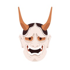 Hannya, Japanese devil noh mask of Japan kabuki theater. Demons face with angry emotion, horns, fangs, teeth. Asian theatrical traditional head. Flat vector illustration isolated on white background