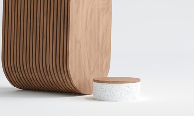 Terrazzo marble podium with rounded wood for product presentation. 3d illustration