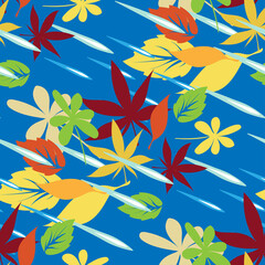 Autumn seamless vector pattern with yellow-orange leaves and raindrops on a bright blue background.