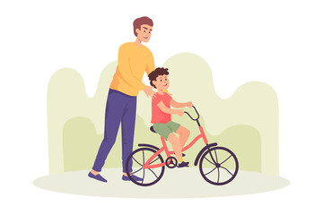 Happy cartoon father standing behind son on bicycle. Man spending weekend with kid by teaching cycling flat vector illustration. Parenting, fatherhood, outdoor activity, family concept for banner